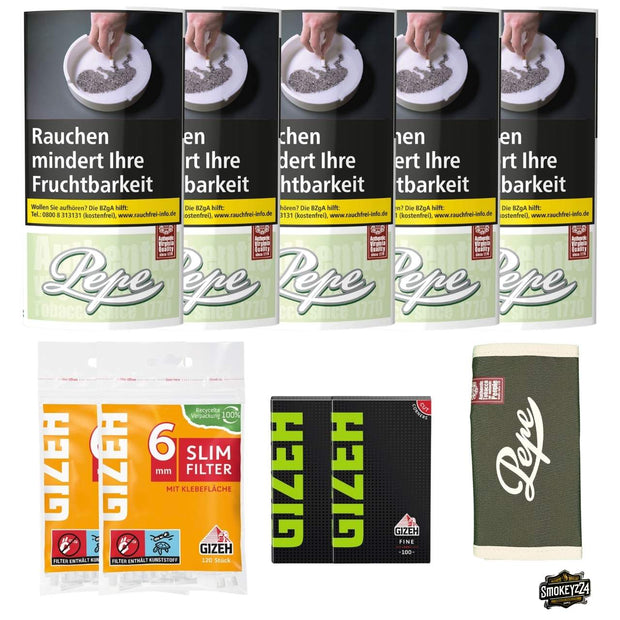 Pepe Bright Green 5x Pouch Bundle mit GIZEH Blättchen, Slim Filtern und Pepe Pouchbag