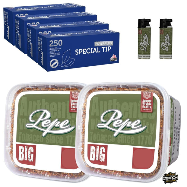 Pepe Rich Green 2x Box Bundle mit Gizeh Special Tip Hülsen und Pepe Sturmfeuerzeugen