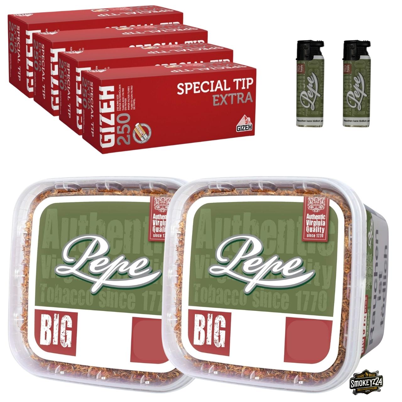 Pepe Rich Green 2x Box Bundle mit Gizeh Special Tip Extra Hülsen und Pepe Sturmfeuerzeugen