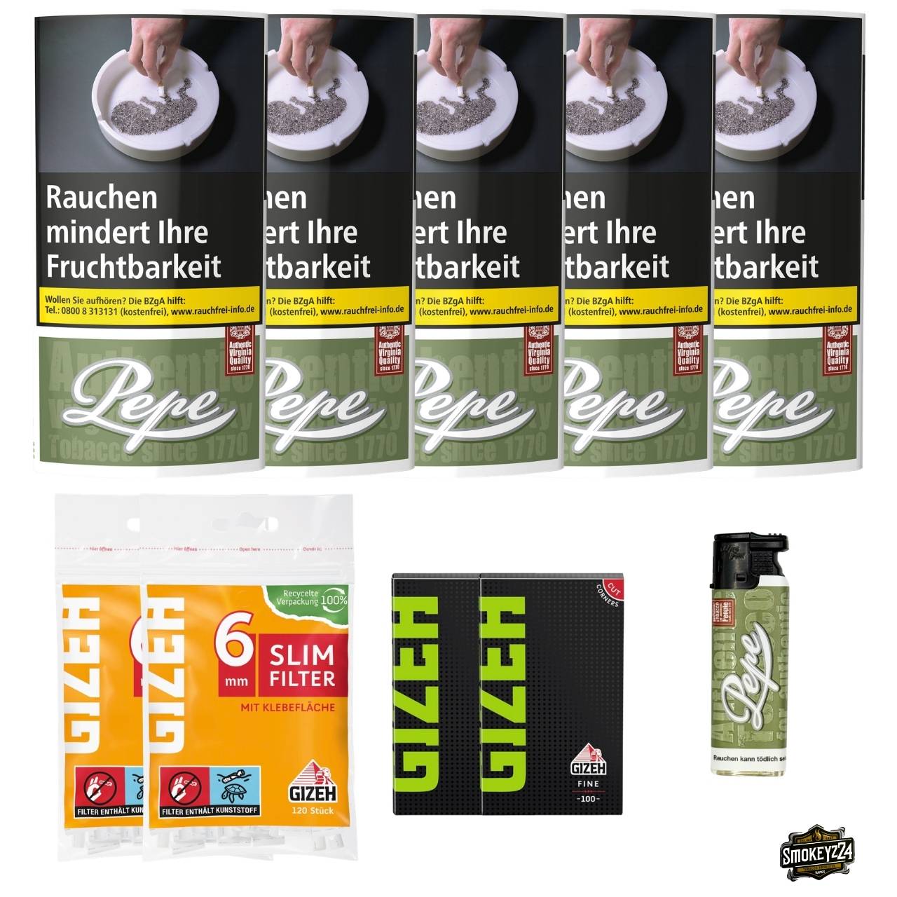 Pepe Rich Green 5x Pouch Bundle mit GIZEH Blättchen, Slim Filtern und Pepe Sturmfeuerzeug