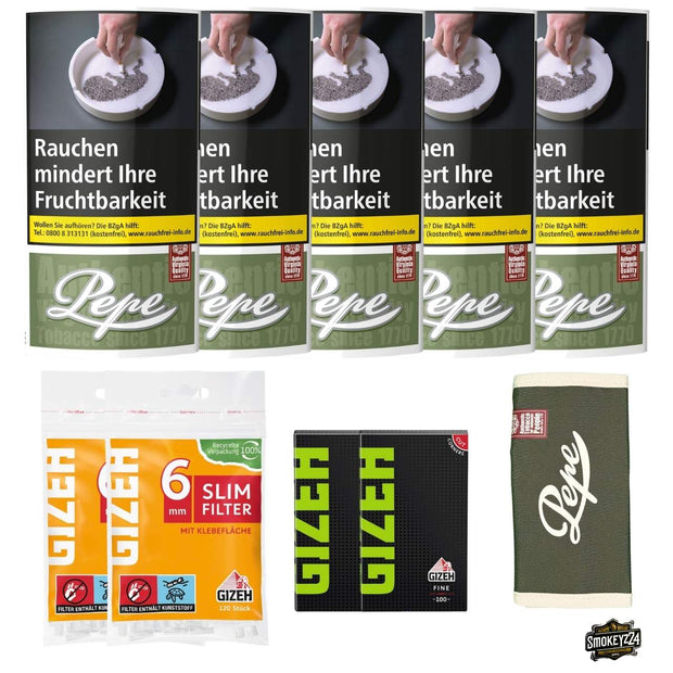 Pepe Rich Green 5x Pouch Bundle mit GIZEH Blättchen, Slim Filtern und Pepe Pouchbag