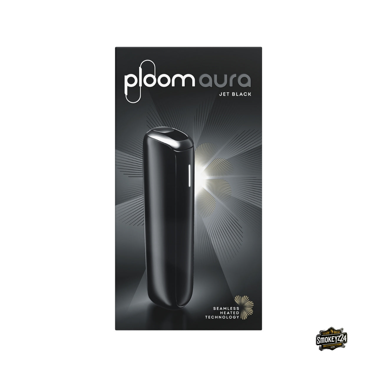 Verpackung des Ploom Aura Jet Black Tabakerhitzers, Frontseite mit Gerät und Branding