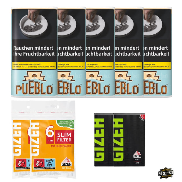 Pueblo Blue 5x Pouch Bundle mit GIZEH Black Fine Blättchen und Slim Filtern