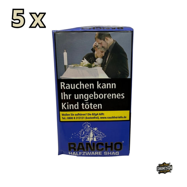 Rancho Halfzware Shag Drehtabak 5x40g Gebinde mit blauem Pouch frontal freigestellt