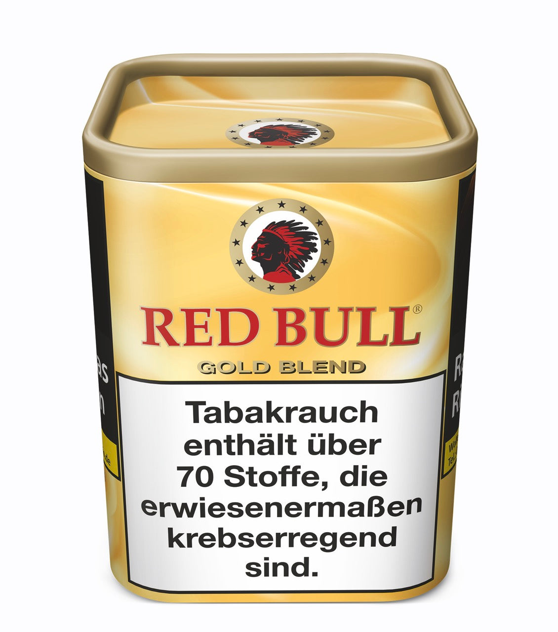 Red Bull Gold Blend Feinschnitt Tabak 120g – Vorderansicht der Dose mit hellbraunem American Blend Tabak zum Stopfen und Drehen