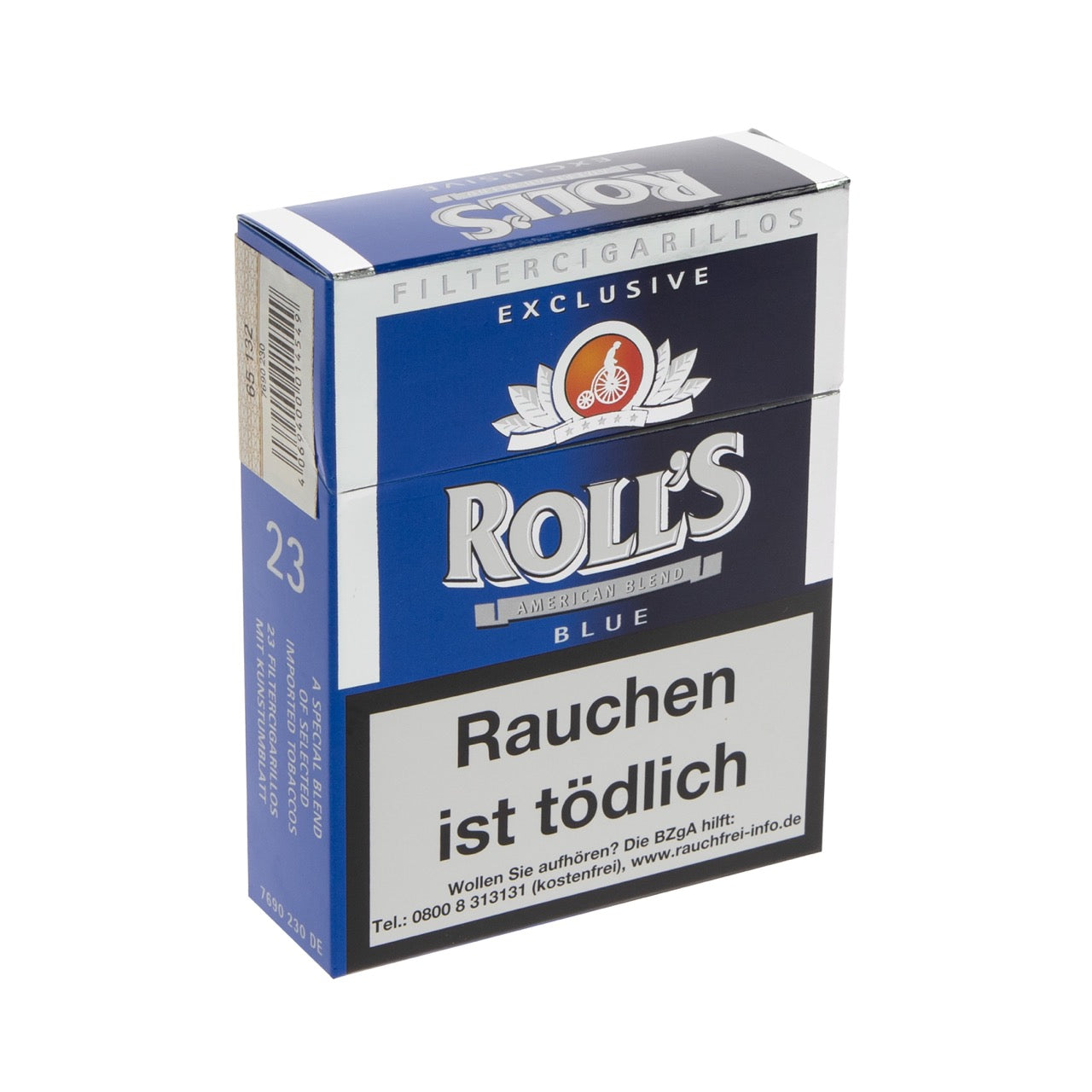 Rolls Exclusive Blue Filter Cigarillos Schachtel frontal, Ecuador-Deckblatt, 23 Stück