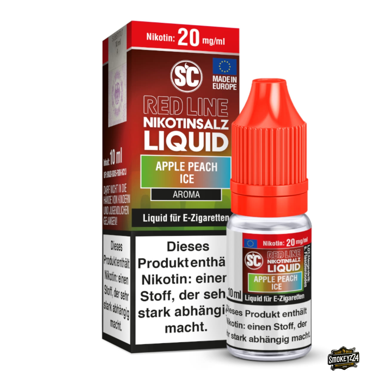SC Red Line Nikotinsalz Liquid Apple Peach Ice 20mg - 10ml Flasche neben Verpackung
