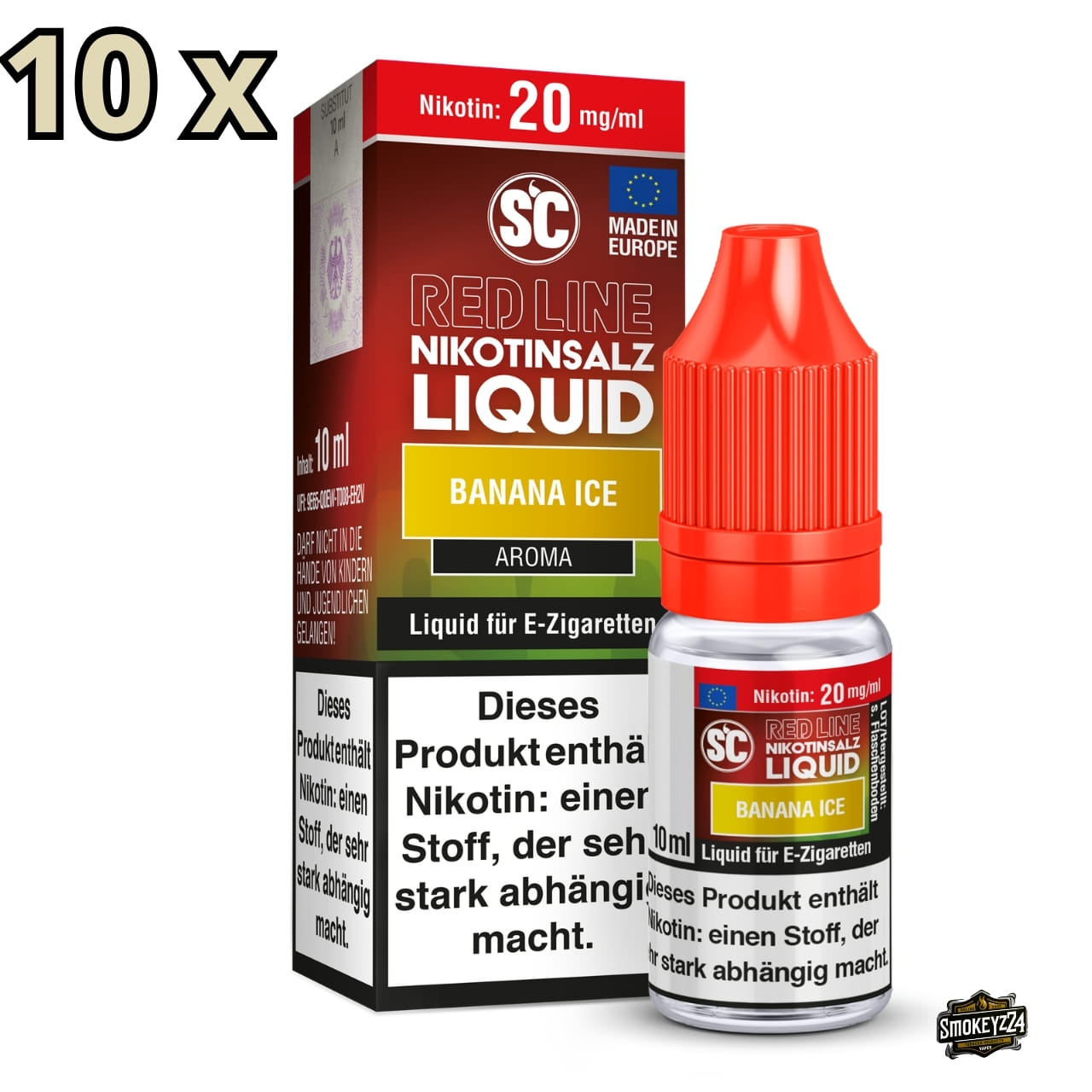 SC Red Line Banana Ice 20mg Nikotinsalz Liquid - 10x Sparpaket, Flasche neben Verpackung mit 10x Hinweis