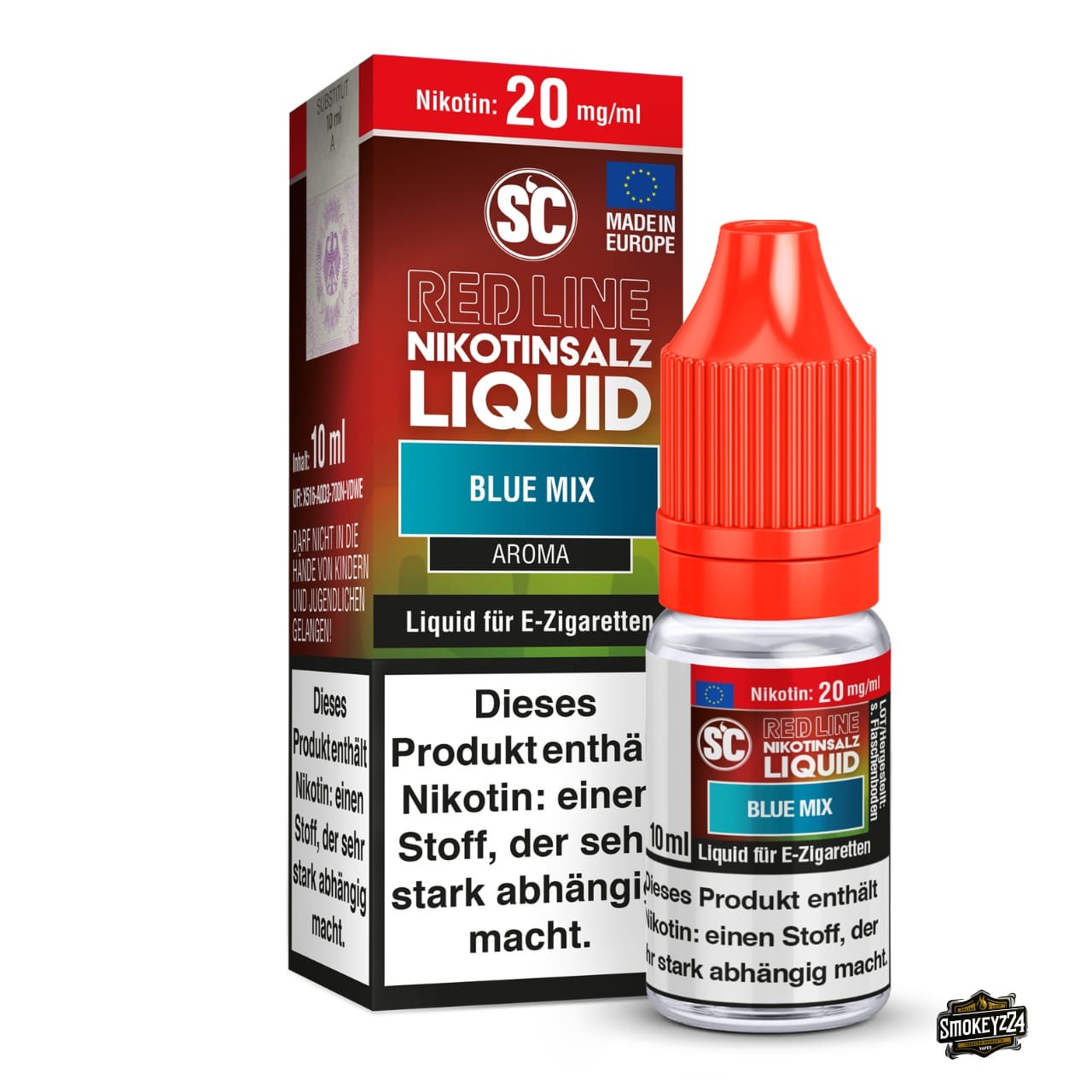 SC Red Line Blue Mix 20mg Nikotinsalz Liquid - 10ml Flasche neben Verpackung, Beerenmix mit Menthol