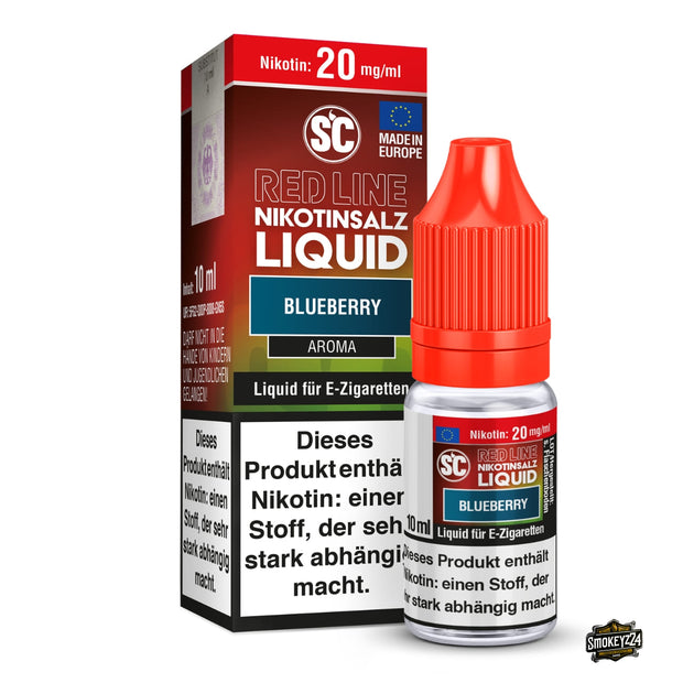 SC Red Line Blueberry 20mg Nikotinsalz Liquid - 10ml Flasche neben Verpackung, Blaubeere mit Cooling