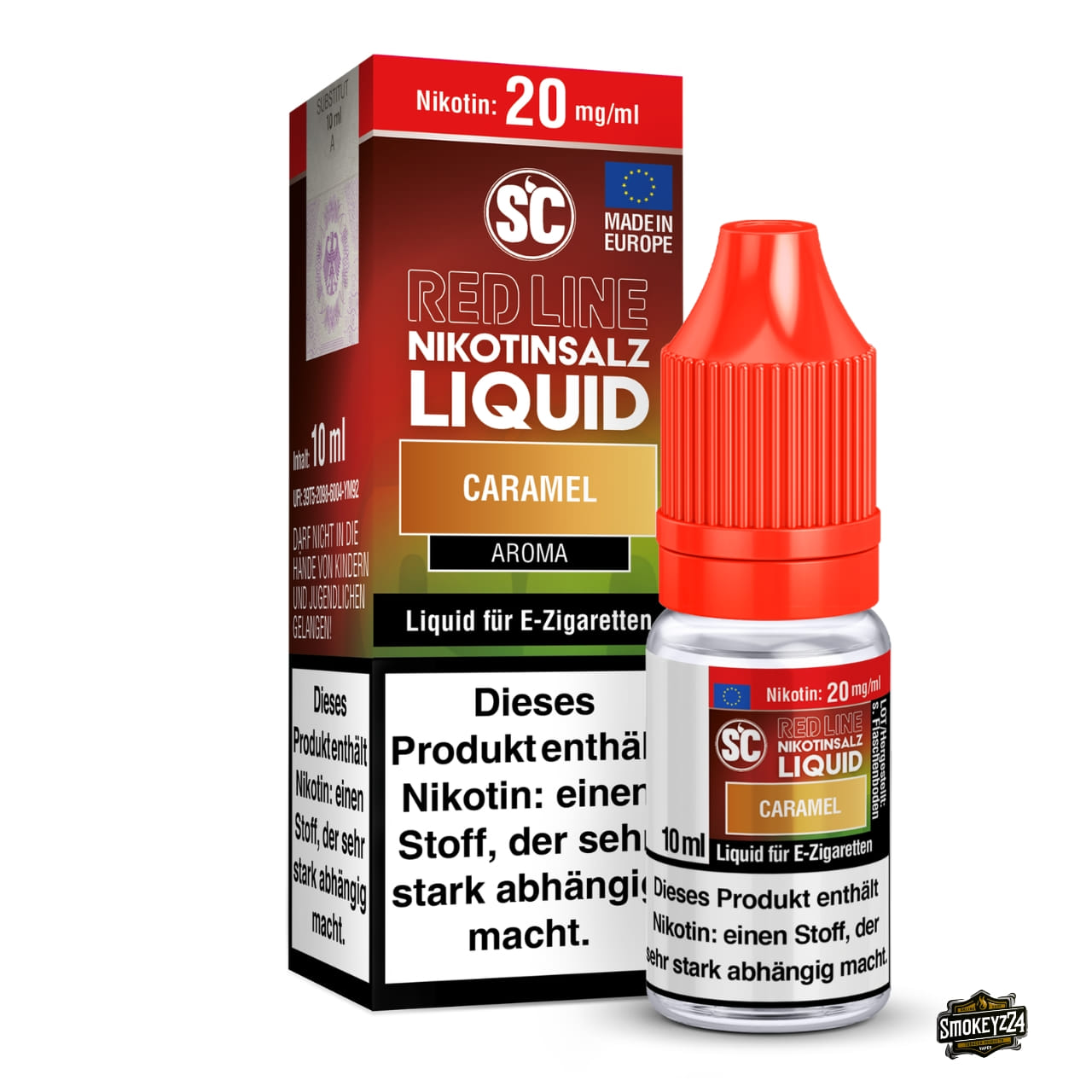 SC Red Line Caramel 20mg Nikotinsalz Liquid 10ml - Flasche neben Verpackung, Karamell mit frischer Note