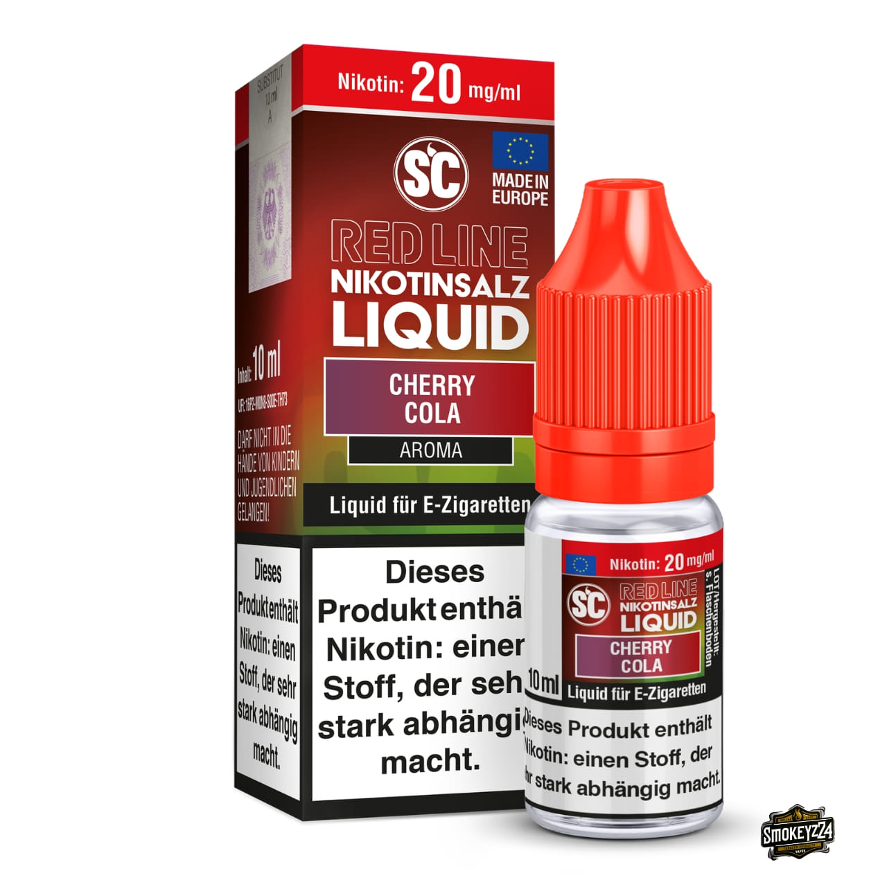 SC Red Line Cherry Cola 20mg Nikotinsalz Liquid - 10ml Flasche neben Verpackung, Cola-Kirsche mit Frische