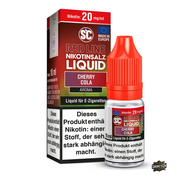 SC Red Line Cherry Cola 20mg Nikotinsalz Liquid - 10ml Flasche neben Verpackung, Cola-Kirsche mit Frische