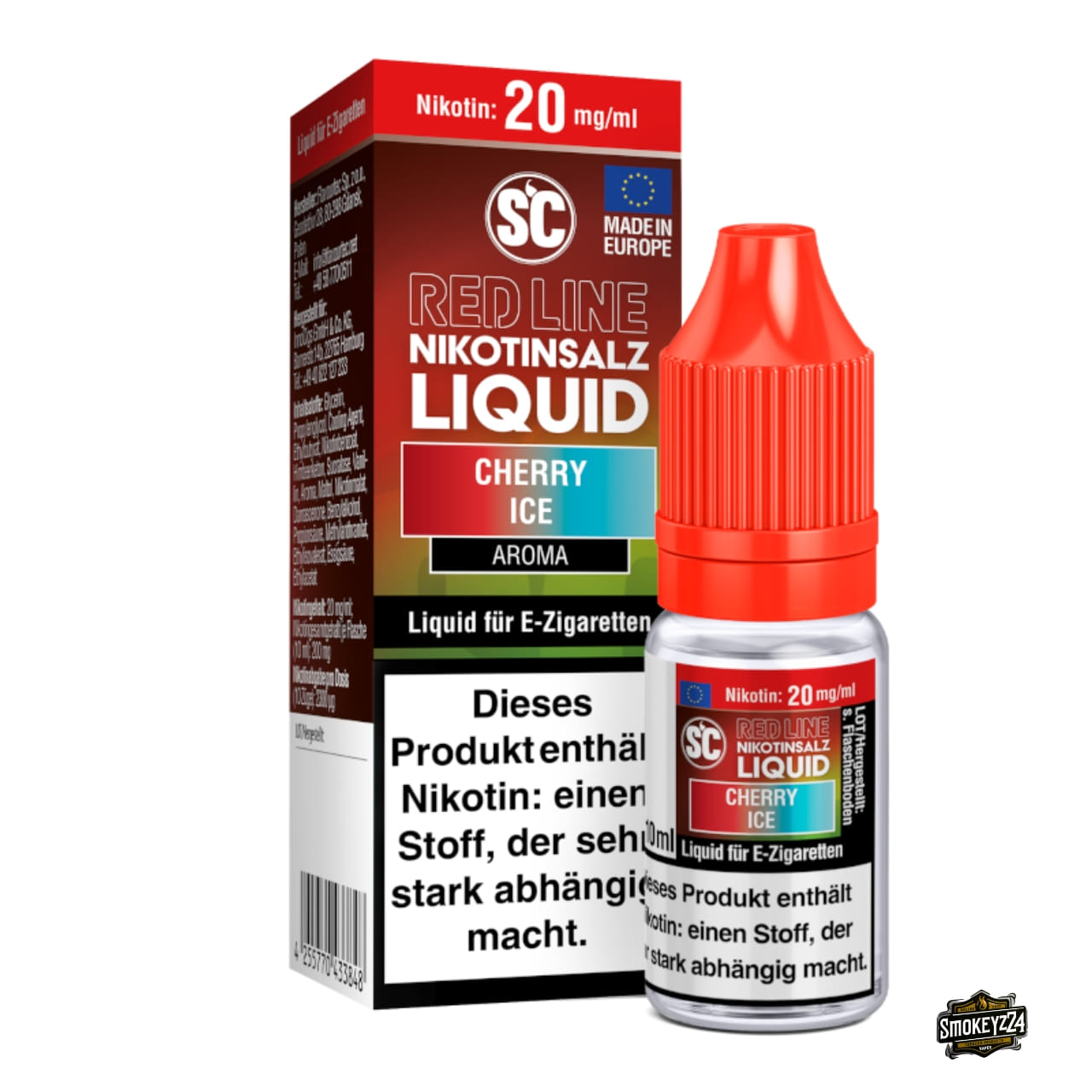 SC Red Line Cherry Ice 20mg Nikotinsalz Liquid - 10ml Flasche neben Verpackung, Kirschgeschmack mit Ice