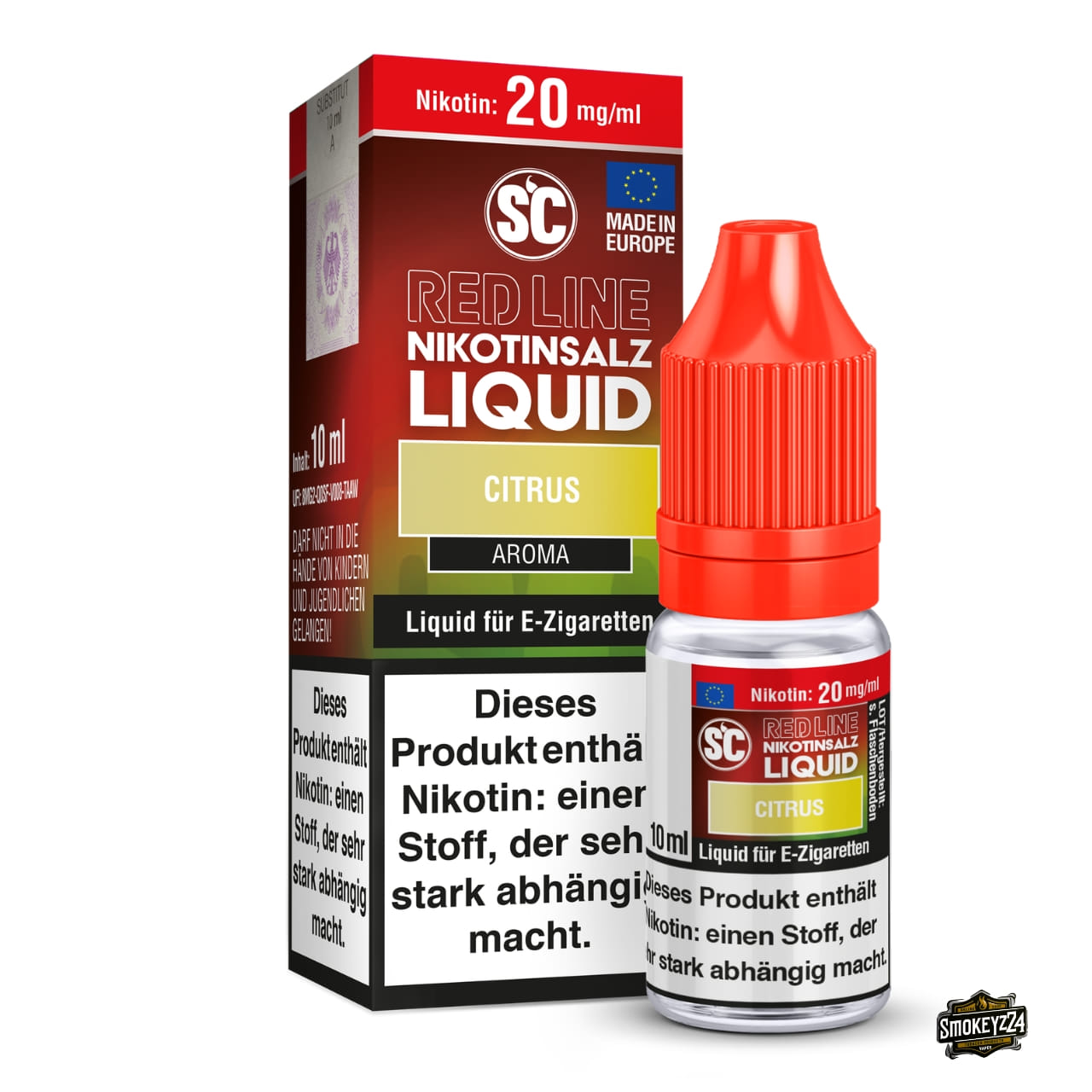 SC Red Line Citrus 20mg Nikotinsalz Liquid - 10ml Flasche neben Verpackung, Zitrusmix mit frischer Note