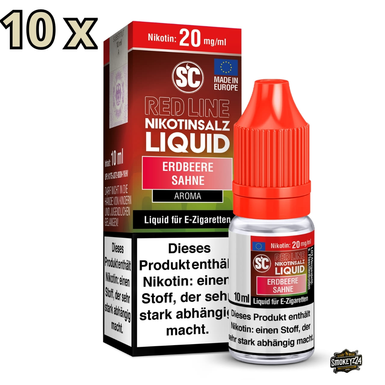 SC Red Line Erdbeere Sahne 20mg Nikotinsalz Liquid - 10x Sparpaket mit Flasche und Verpackung