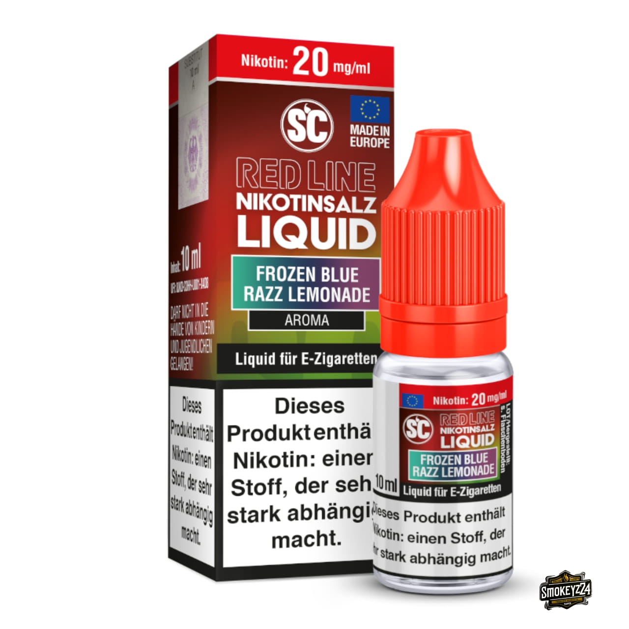 SC Red Line Frozen Blue Razz Lemonade 20mg Nikotinsalz Liquid - 10ml Flasche neben Verpackung, Beeren-Zitrone