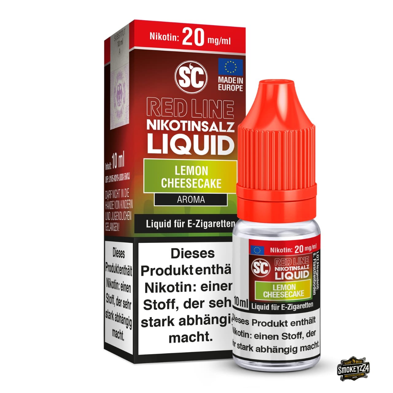 SC Red Line Lemon Cheesecake 20mg Nikotinsalz Liquid - 10ml Flasche neben Verpackung, Zitronen-Käsekuchen