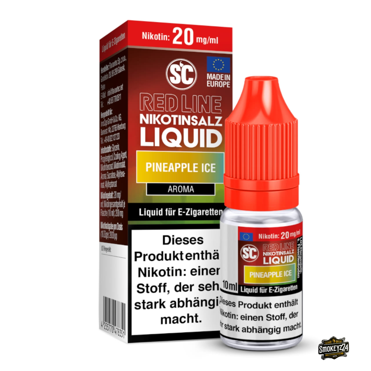 SC Red Line Pineapple Ice 20mg Nikotinsalz Liquid - 10ml Flasche neben Verpackung, Ananas mit Ice-Kühle