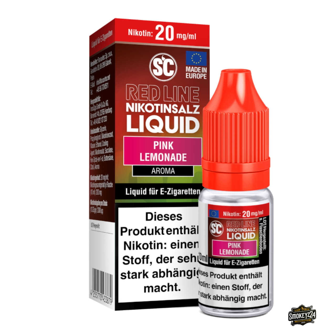 SC Red Line Pink Lemonade 20mg Nikotinsalz Liquid - 10ml Flasche neben Verpackung, Pink Lemonade mit Beerenmix