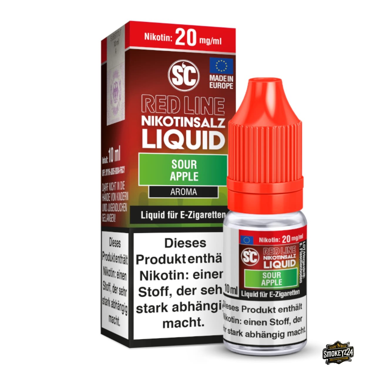 SC Red Line Sour Apple 20mg Nikotinsalz Liquid - 10ml Flasche neben Verpackung, saurer Apfel mit Frische