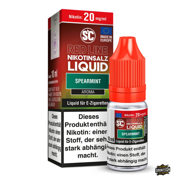 SC Red Line Spearmint 20mg Nikotinsalz Liquid - 10ml Flasche neben Verpackung, Spearmint-Minze mit Menthol