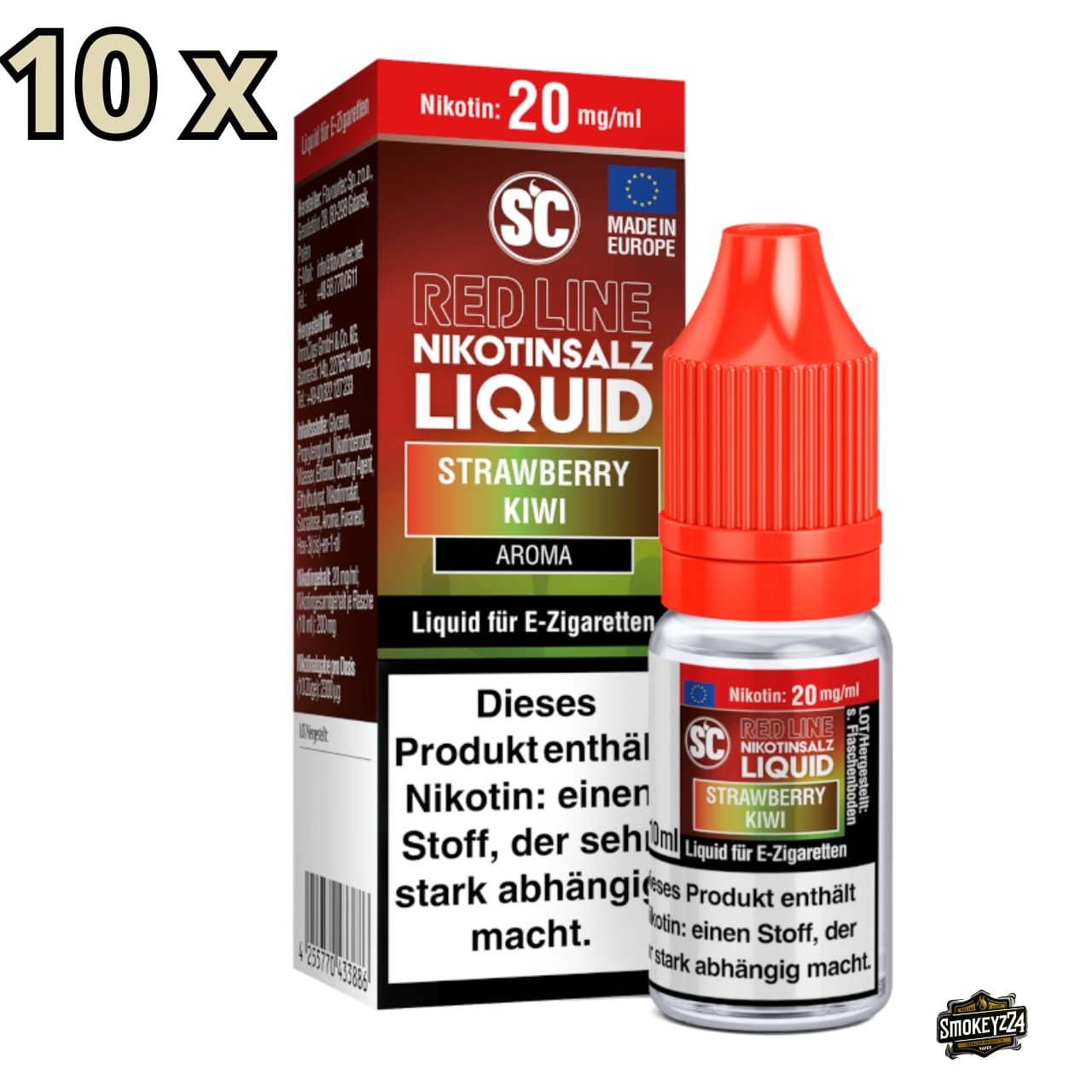 SC Red Line Strawberry Kiwi 20mg Nikotinsalz Liquid - 10x Sparpaket (10 ml Flaschen) mit Erdbeere-Kiwi und Frische