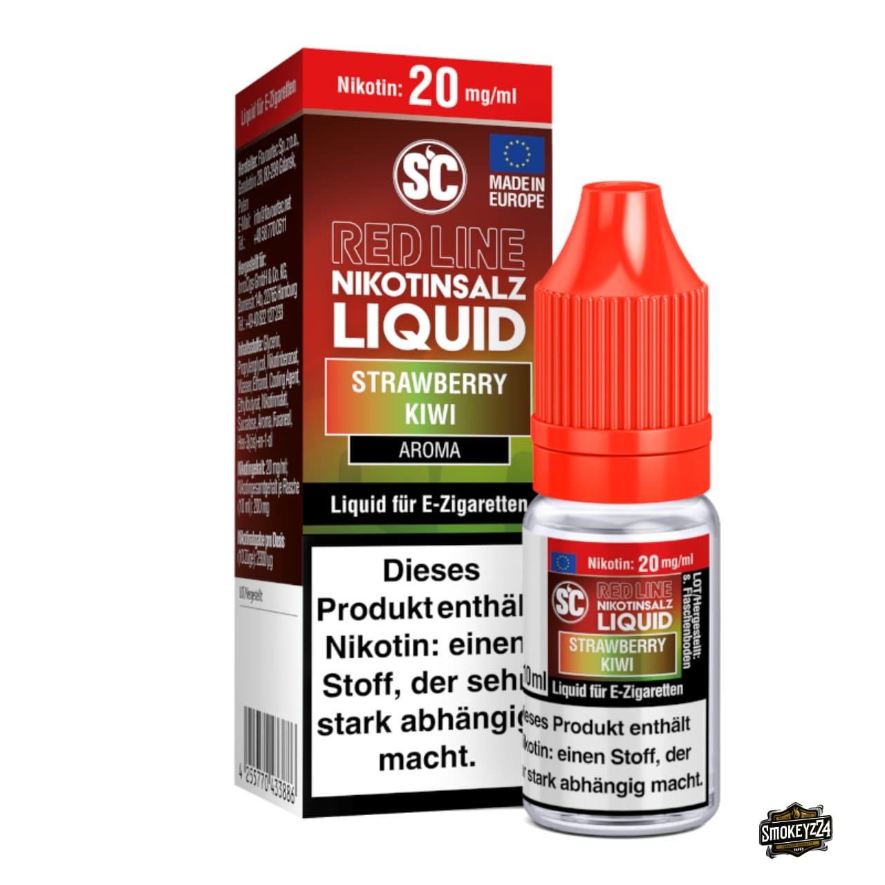SC Red Line Strawberry Kiwi 20mg Nikotinsalz Liquid - 10ml Flasche neben Verpackung, Erdbeere-Kiwi mit Frische