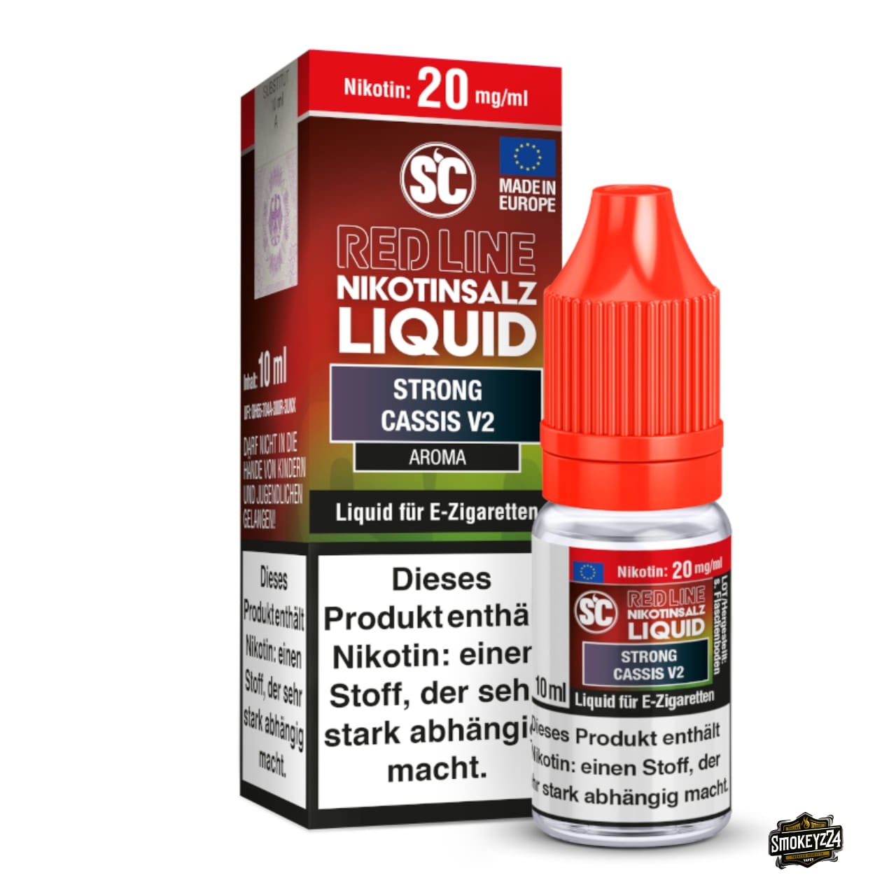 SC Red Line Strong Cassis V2 20mg Nikotinsalz Liquid - 10ml Flasche neben Verpackung, Cassis-Himbeere mit Frische