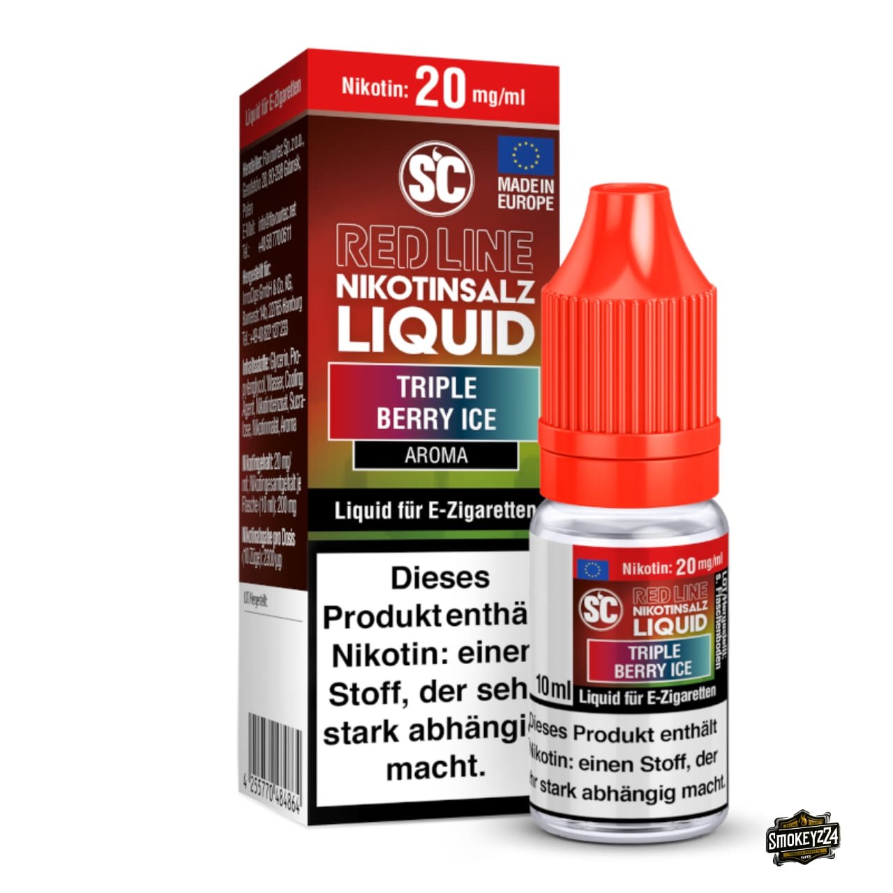 SC Red Line Triple Berry Ice 20mg Nikotinsalz Liquid - 10ml Flasche neben Verpackung, Beerenmix mit Ice-Kühle