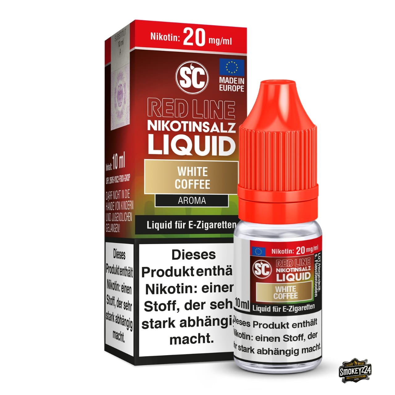 SC Red Line White Coffee 20mg Nikotinsalz Liquid - 10ml Flasche neben Verpackung, White Coffee Aroma mit frischer Note