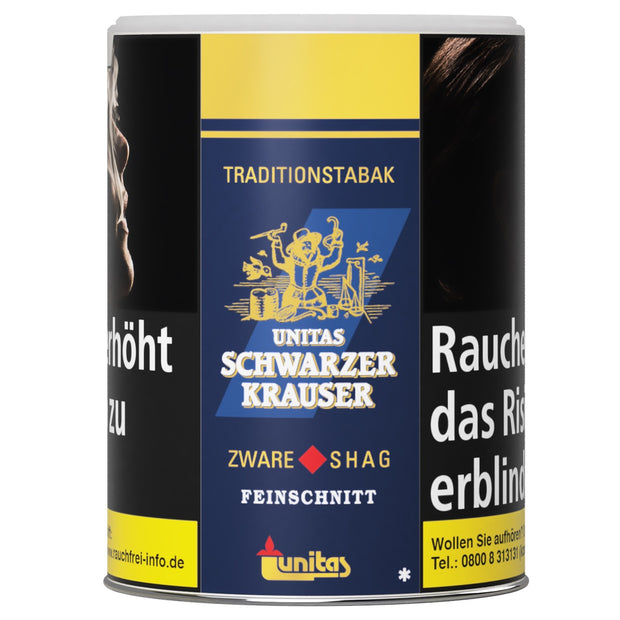 Unitas Schwarzer Krauser Zigarettentabak 75g Dose, schwarzbraune Tabakdose frontal fotografiert