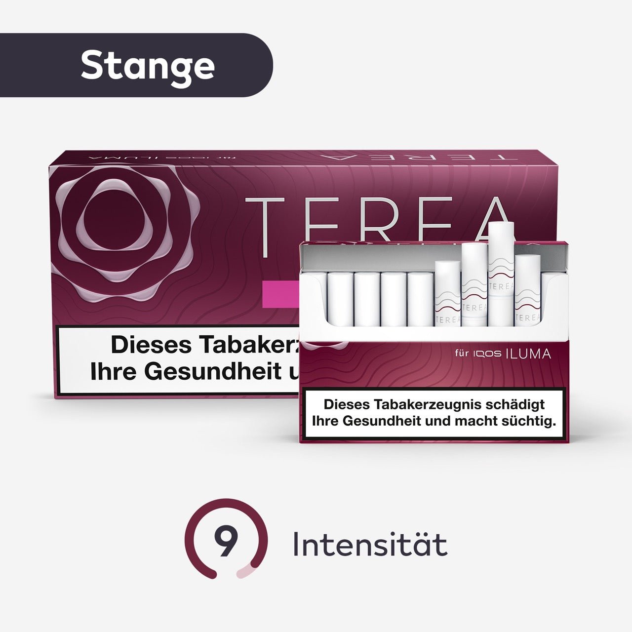 TEREA Russet Tabaksticks – Stange mit geöffneter Schachtel und Intensitätsanzeige vorne