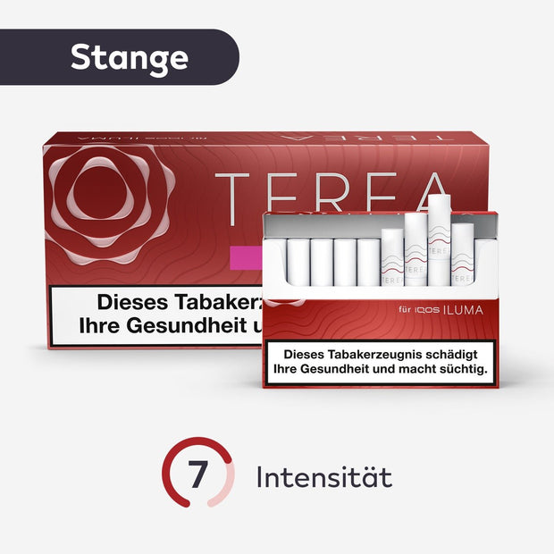 TEREA Sienna Tabaksticks – Stange mit geöffneter Schachtel und Intensitätsanzeige vorne
