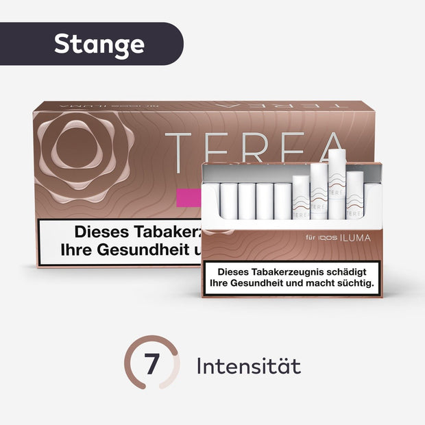 TEREA Teak Tabaksticks – Stange mit geöffneter Schachtel und Intensitätsanzeige