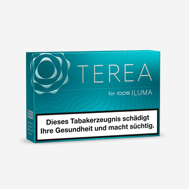 TEREA Turquoise – geschlossene türkisfarbene Packung leicht seitlich dargestellt