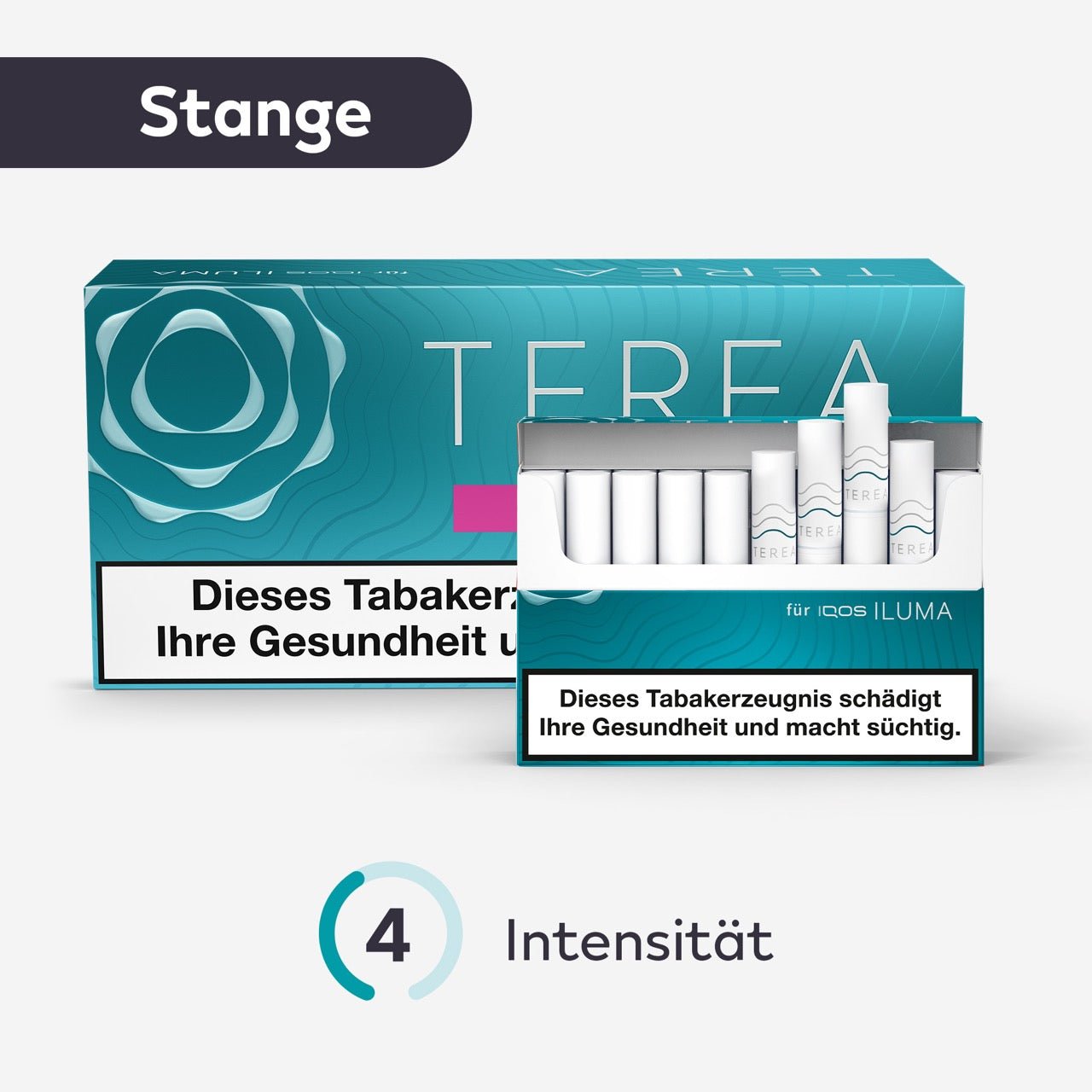 TEREA Turquoise Tabaksticks – Stange mit geöffneter Schachtel und Intensitätsangabe in türkis