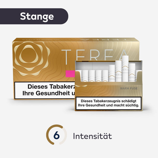 TEREA Warm Fuse – Stange mit geöffneter Schachtel und Intensitätsanzeige vorn