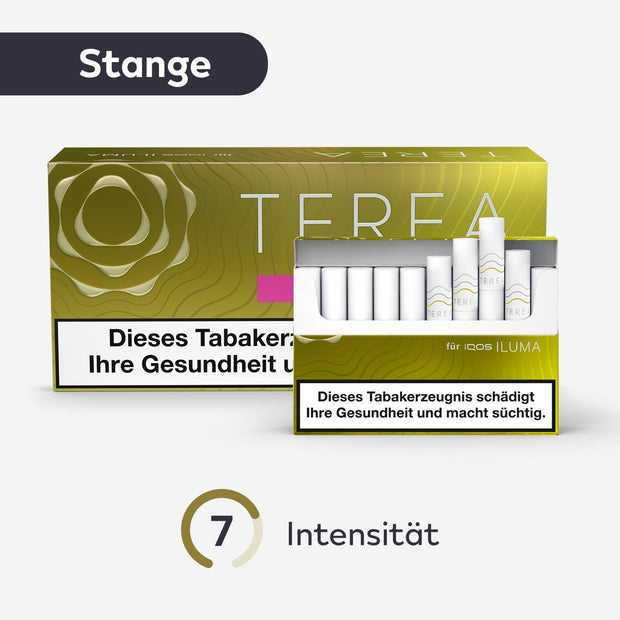 TEREA Yellow Green – Stange mit geöffneter Schachtel und Intensitätsanzeige