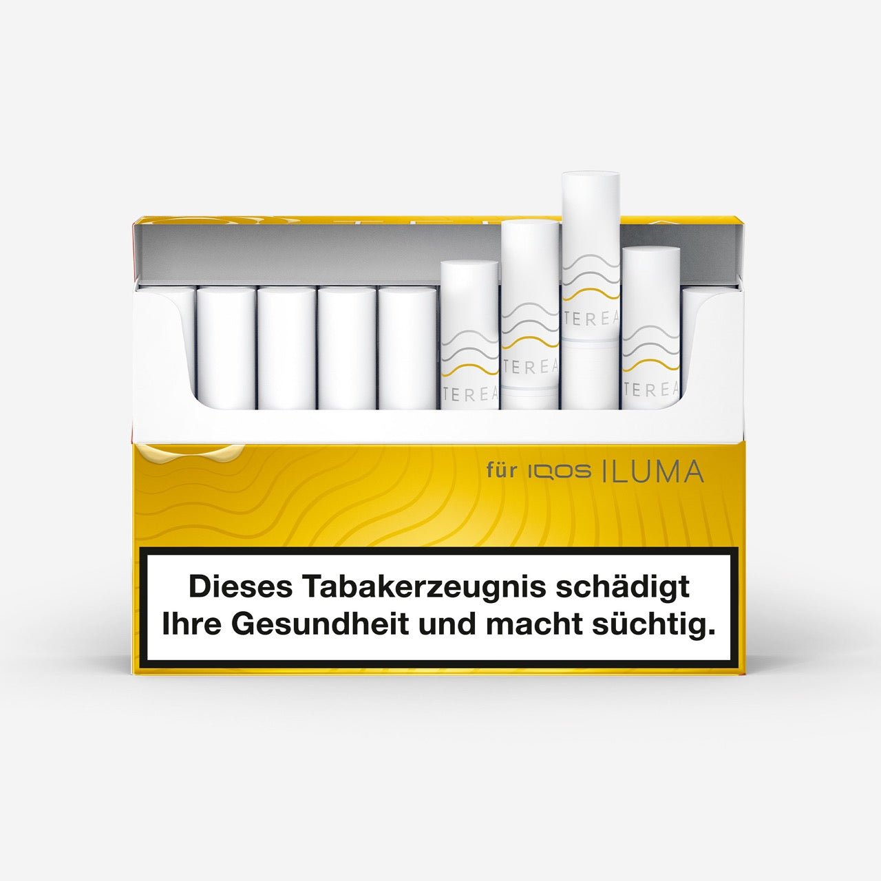 TEREA Yellow – geöffnete Verpackung mit weicher Tabakmischung