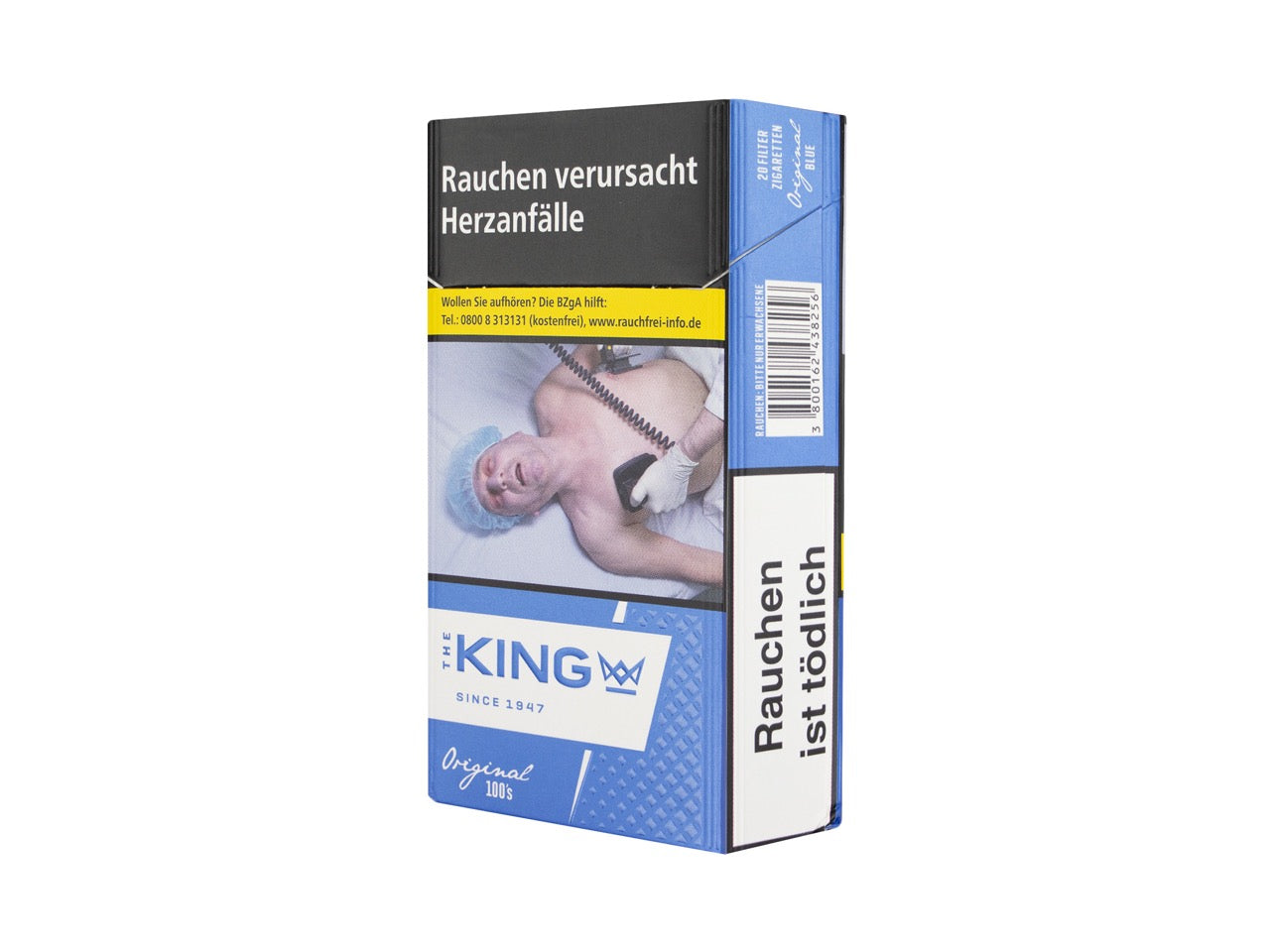 The King Blue 100er Zigaretten 20er Packung, geschlossen, Long Size 100 mm, modernes Design, blau