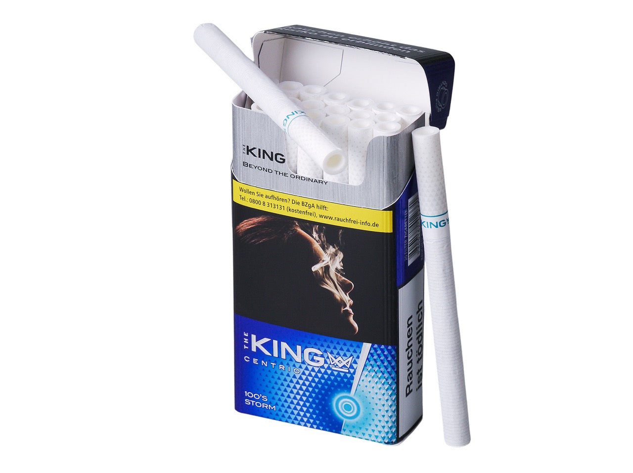 Geöffnete The King Centrio Storm 100er Zigaretten 20er Packung, einzelne Long Zigarette daneben, Centrio Filter