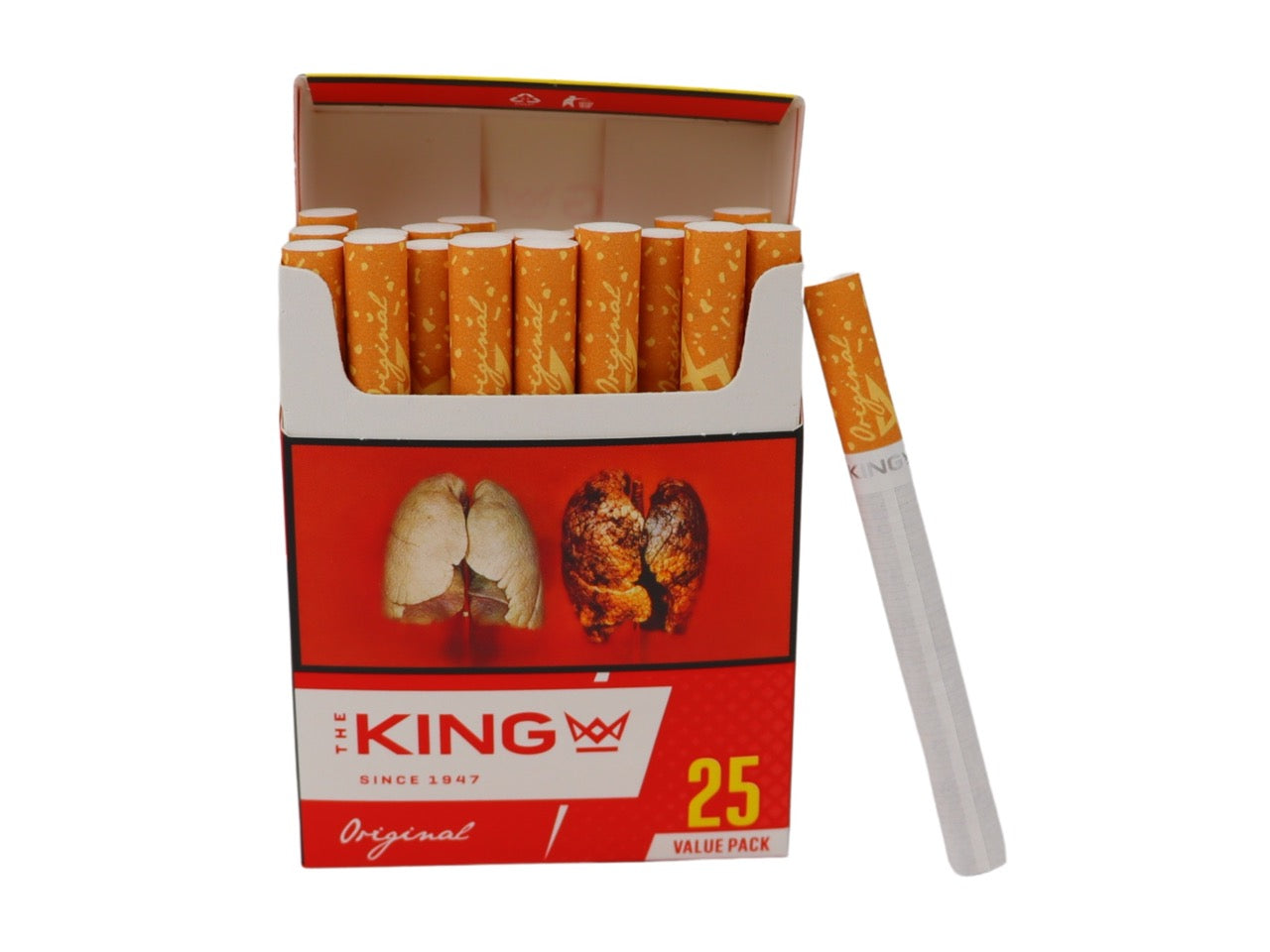 Geöffnete The King Red Zigaretten 25er Packung, einzelne Zigarette daneben, King Size