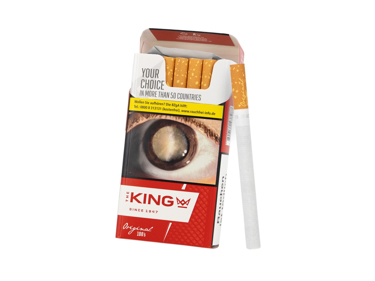 Geöffnete The King Red 100er Zigaretten 20er Packung, einzelne Long Size Zigarette daneben, rot