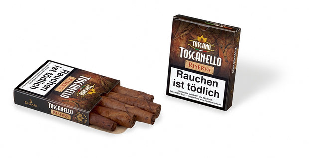 Geschlossene und offene Packung Toscanello Riserva Zigarren – italienische Zigarren mit süßer Cognac-Note