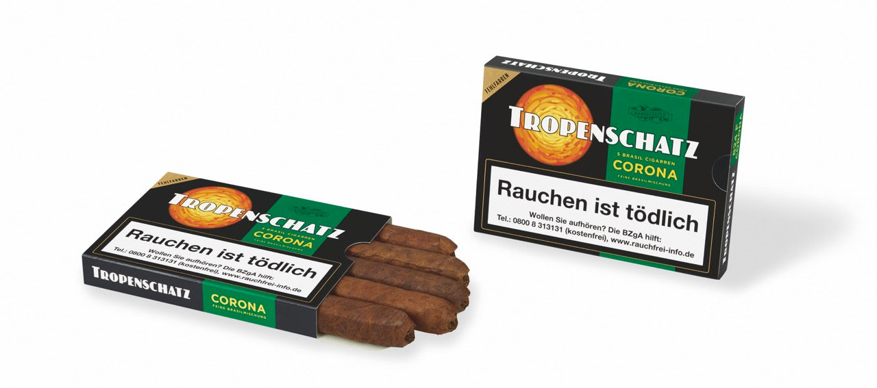 Tropenschatz Brasil 824F – offene Schachtel vor geschlossener Box, mild-würzige Zigarren