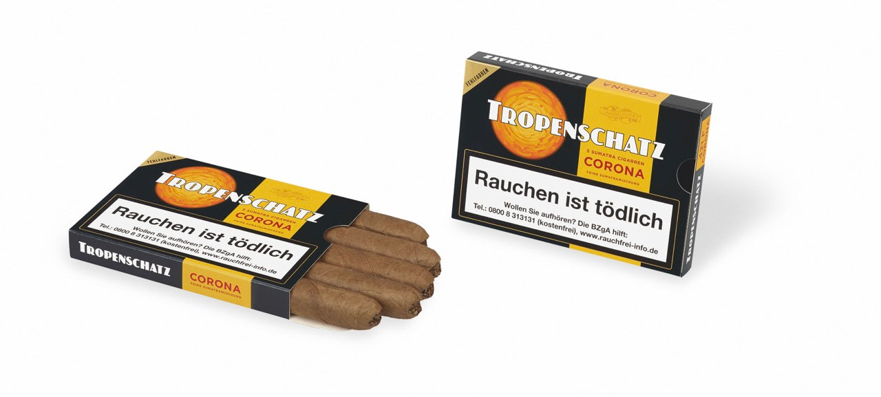 Tropenschatz Sumatra 421F – offene und geschlossene Schachtel, fein-würzige Corona-Zigarren