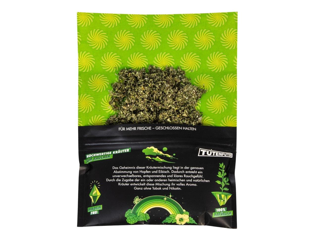 Geöffneter Tütenfutter Kräutermischung Grün Pouch – Kräuter als Tabakersatz, nah aufgenommen