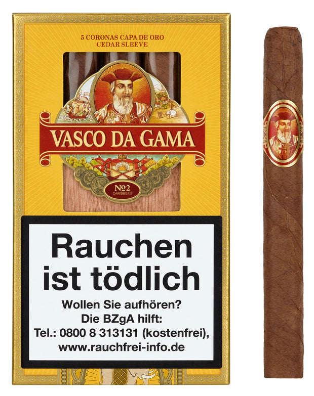 Vasco Da Gama Capa de Oro 921 – Zigarrenschachtel mit einer Corona No. 2 Zigarre daneben, elegant präsentiert