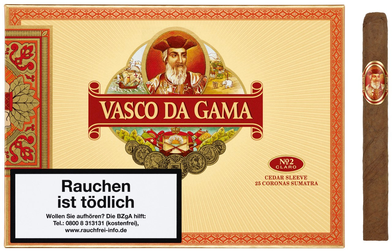 Vasco Da Gama Sumatra 922 Corona No. 2 – 25er Zigarrenkiste mit einer Corona daneben, mild-würzige Premiumzigarren aus Sumatra